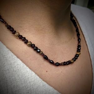 SOLD Tumbled Garnet Gem + Brass Bead Necklace,  Victorian-Style Vintage